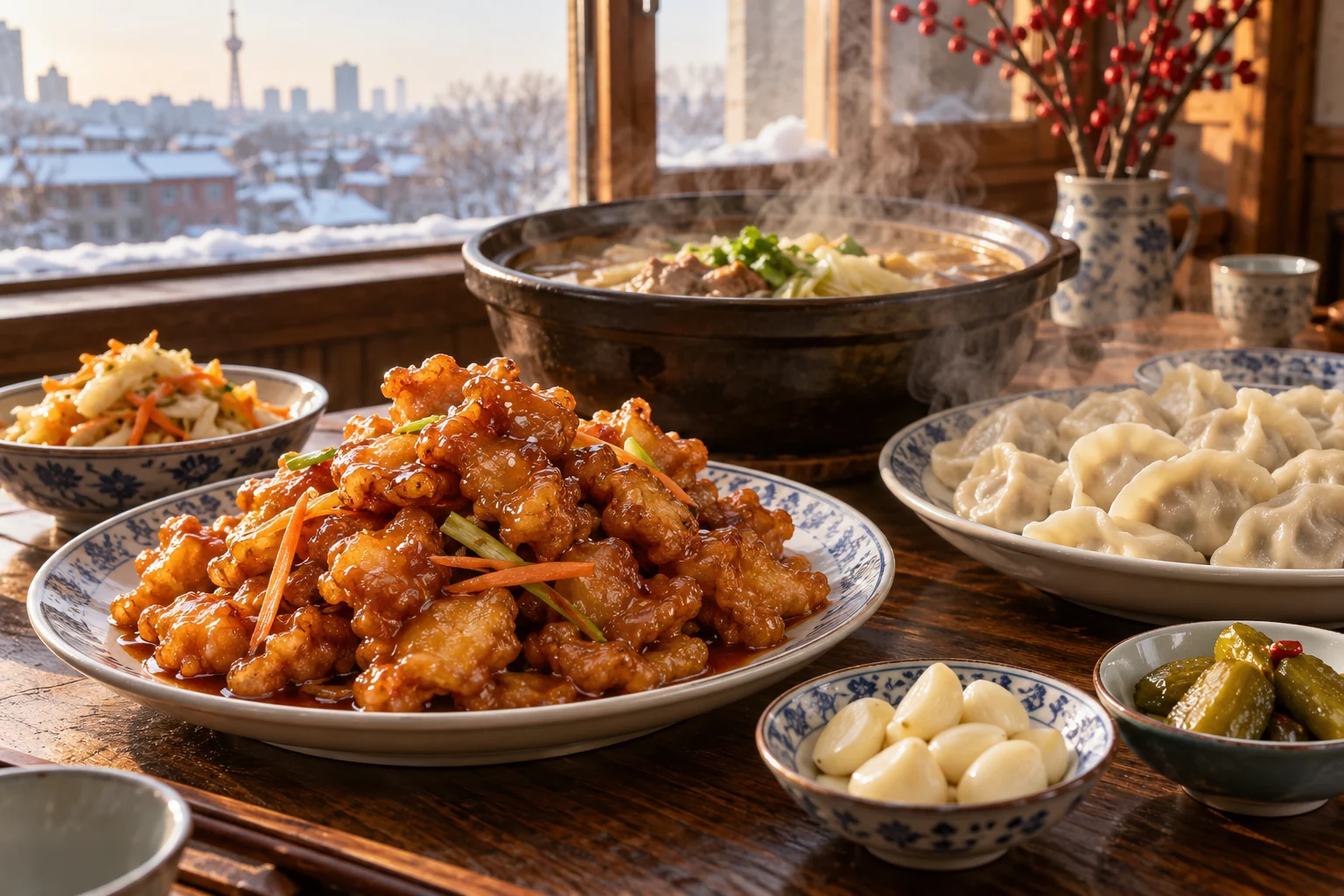 Changchun northern Chinese meal with guobaorou, dumplings and stew