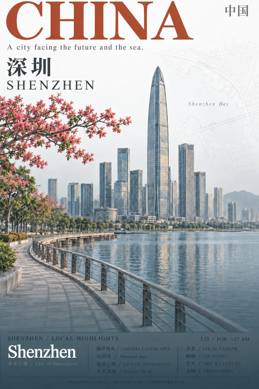 Illustrated Shenzhen postcard with the skyline and a waterfront promenade