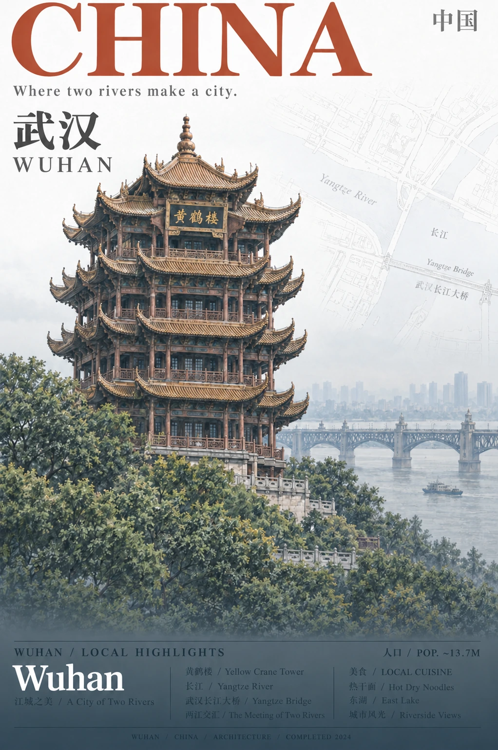 Illustrated Wuhan postcard showing Yellow Crane Tower