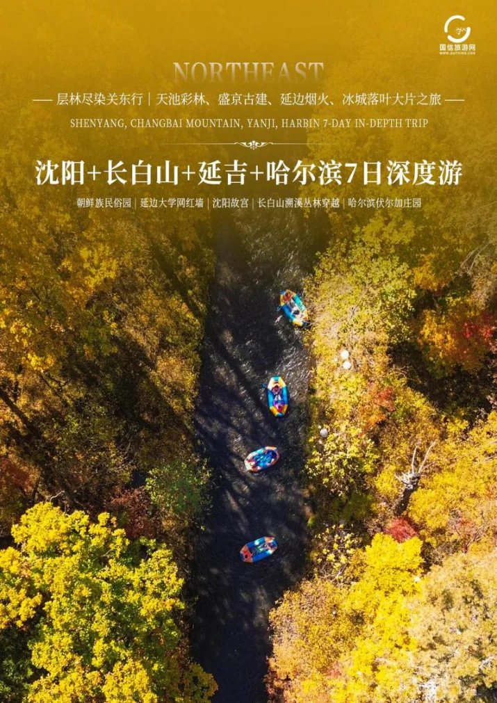 Northeast China itinerary poster showing a waterfall and autumn forest