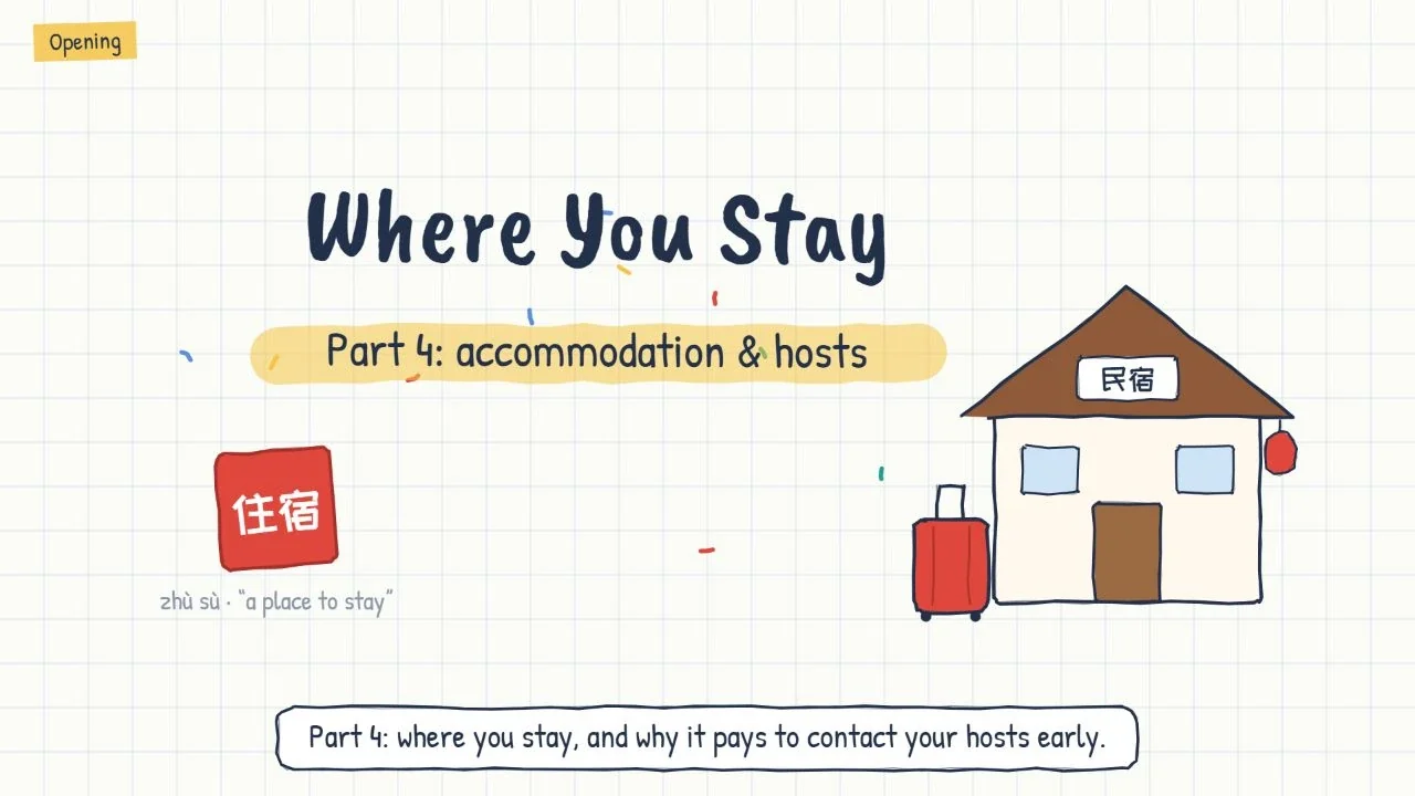 Illustration of a house and luggage for choosing accommodation in China