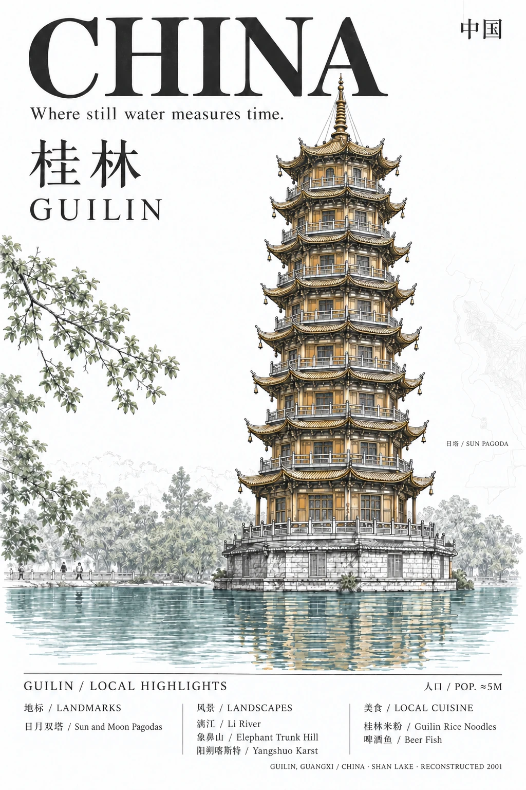 Guilin illustrated postcard: Sun Pagoda