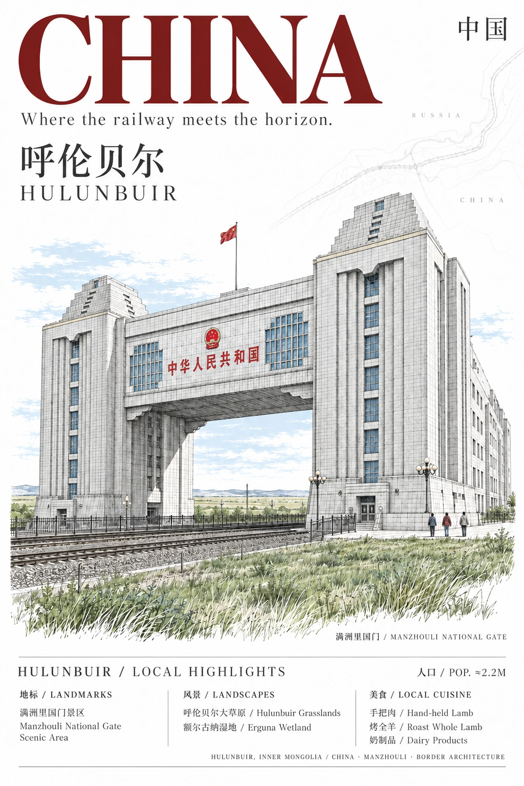 Hulunbuir illustrated postcard: Manzhouli National Gate