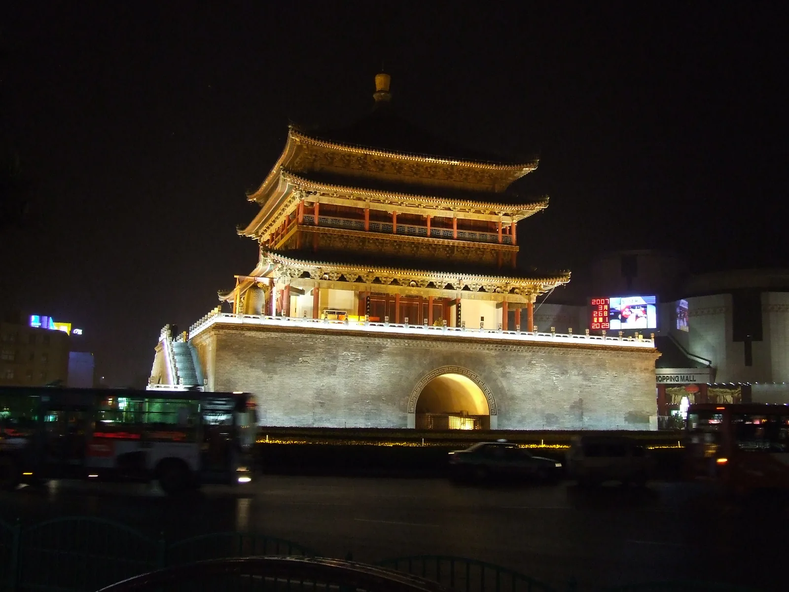Illuminated gate tower on Xi’an City Wall at night